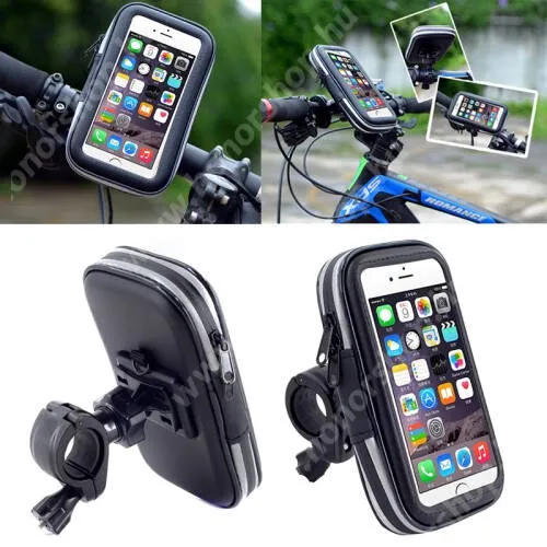  UNIVERZÁLIS biciklis / kerékpáros tartó konzol mobiltelefon készülékekhez - 152 x 75 mm-es bölcső, cseppálló védő tokos kialakítás - FEKETE