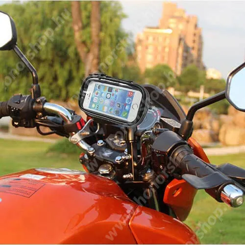  UNIVERZÁLIS motoros telefon tartó - 360°-ban forgatható, 145 x 75mm-es zárt, zipzáras bölcsővel - FEKETE