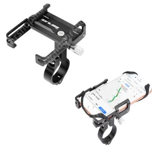  GUB P10 UNIVERZÁLIS biciklis / kerékpáros tartó konzol mobiltelefon készülékekhez - FEKETE - alumínium, elforgatható, szilikon heveder, 21-31,8 mm átmérőjű kormányra alkalmas, 55-100mm-ig állítható bölcső - 4-6,7"-os készülékekhez