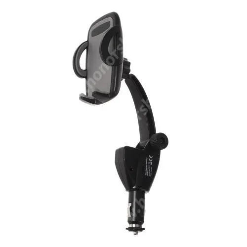 HUAWEI Honor Magic V2 RSR Porsche Design (VER-AN10) UNIVERZÁLIS gépkocsi / autós tartó - szivargyújtó töltő adapterbe helyezhető, 50-95mm-ig nyíló bölcsővel + 2db USB aljzattal (5V/3A, 15W összesesen) - FEKETE