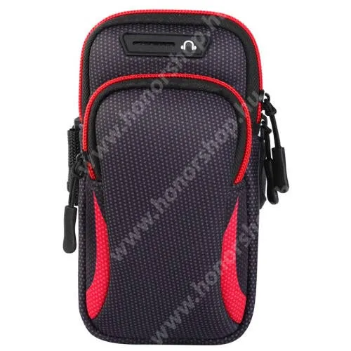  UNIVERZÁLIS Sport tok / karpánt - FEKETE / PIROS - álló, cipzár, több fakkos, 28cm hosszú karpánt, fülhallgató nyílás - külső méret: 190 x 90mm, első zseb belső mérete: 130 x 80mm, hátsó zseb belső mérete: 160 x 75mm