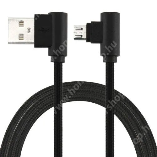  Adatátviteli kábel / USB töltő - microUSB, 90°-os derékszögű, 25cm hosszú, 2A, 10W, szövettel bevont - FEKETE