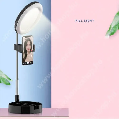 HUAWEI Honor X5b UNIVERZÁLIS asztali telefon tartó állvány - 64 LEDES selfie / szelfi körfény 6-12W, állítható színhőmérséklet, 3500K-6000K, sminktükör, 360°-ban forgatható - 30-58cm-ig állítható magasság, 172 x 172 x 70mm - FEKETE