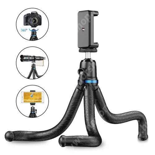 HUAWEI Honor X9a APEXEL APL-JJ10 TRIPOD állvány / selfie bot - 65-87mm-es bölcsővel, 360 fokban forgatható, flexibilis lábakkal, univerzális 1/4 "-es csavar, teherbírás: 3kg! - FEKETE