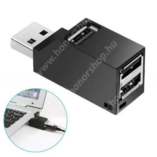 Vivo Y31s 5G Mini hordozható 3 portos USB hub / elosztó - USB 2.0 port 480Mbps, méret: 55 x 18 x 24 mm - FEKETE