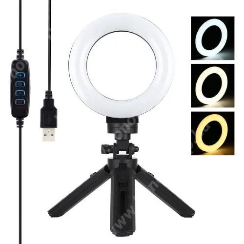 Vivo Y31s 5G PULUZ MINI UNIVERZÁLIS 12cmes LED selfie körfény tripod állvány - állítható színhőmérséklet 3200K-6500K, 360°-ban forgatható, állítható állvány, 14.5cm magas tripod állvány - FEKETE