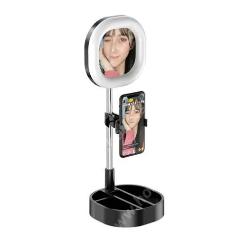 HUAWEI Honor Magic V2 RSR Porsche Design (VER-AN10) UNIVERZÁLIS asztali telefon tartó állvány - 64 LEDES selfie / szelfi körfény / sminktükör,  5-15W, állítható színhőmérséklet / fényerő, 3500K-6000K, 360°-ban forgatható, 63-83mmig nyíló bölcső, 30-58cm-ig állítható magasság - FEKETE