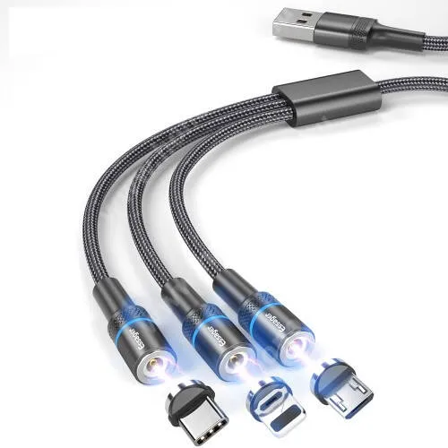 HUAWEI Honor X40 GT (ADT-AN00) ESSAGER mágneses adatátviteli kábel / USB töltő - 3 az 1-ben Lightning, microUSB, Type-C / USB csatlakozás, 1,2m, 5V/2,4A, 12W, cserélhető fejekkel, szövettel bevont - CSAK TÖLTÉSRE ALKALMAS ADATÁTVITELRE NEM! - FEKETE - GYÁRI