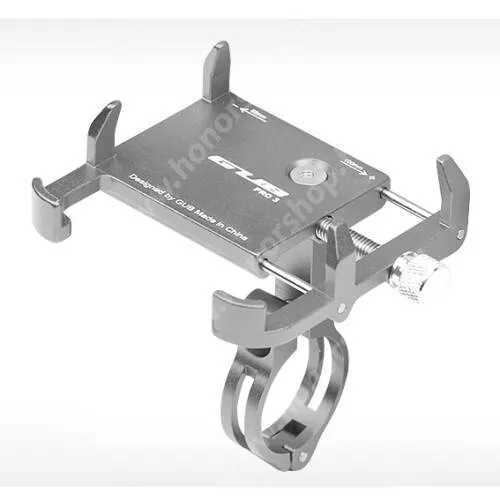  GUB PRO3 UNIVERZÁLIS biciklis / kerékpáros tartó konzol mobiltelefon készülékekhez - SZÜRKE - alumínium, elforgatható, 22,2-31,8 mm átmérőjű kormányra alkalmas, 55-100mm-ig állítható bölcső - 3,5-6,2"-os készülékekhez