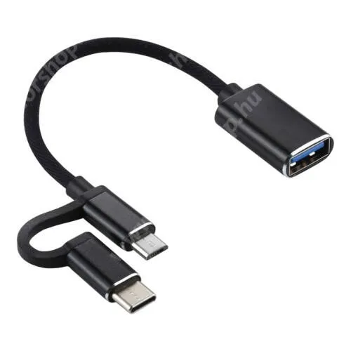 HUAWEI Honor X5b Plus OTG 2 az 1-ben adapter kábel, USB stick / pendrive csatlakoztatáshoz - OTG / USB 3.0 Type-C / microUSB, ~11cm - FEKETE