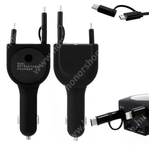 HUAWEI Honor Note 10 UNIVERZÁLIS szivargyújtós töltő / autós töltő + 3 az 1-ben felcsévélhető töltőkábel - 25W max, EXTRA 2x USB aljzat: 5V/2A, gyorstöltés támogatás, 5V / 3.1A, 80cm-ig kihúzható töltőkábellel (Lightning, microUSB, Type-C) - FEKETE