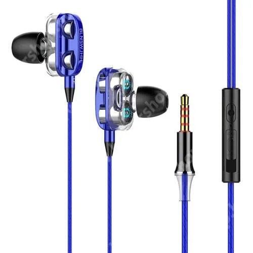 HUAWEI Honor 8S UNIVERZÁLIS sztereo headset - 3,5mm jack csatlakozó, négy hangszórós, cseppálló, beépített mikrofon, felvevő gomb, hangerőszabályzó, 1.2m hosszú kábel - KÉK