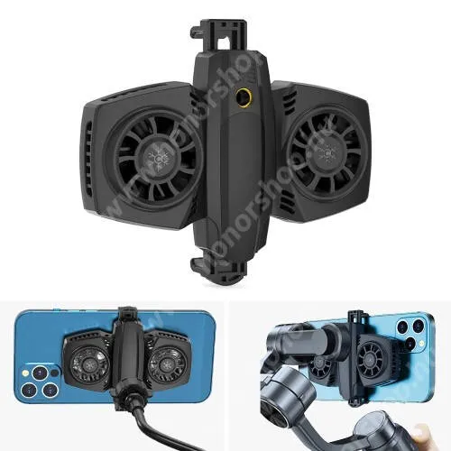 HUAWEI Honor X5b Plus UNIVERZÁLIS telefonhűtő - Dupla ventilátor, Type-C bemente, USB kiment, univerzális 1/4"-es csatlakozó, 68-88mm-ig nyíló bölcső - FEKETE