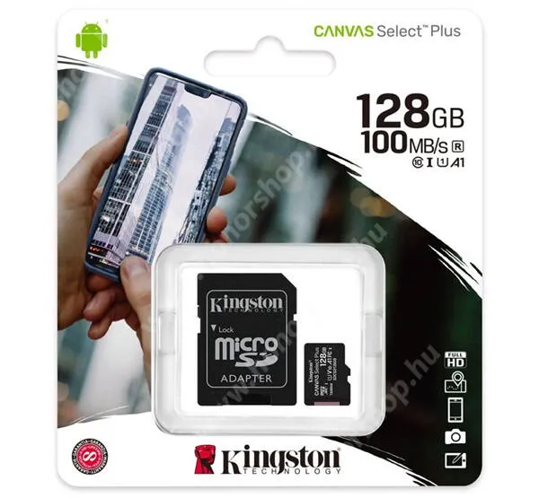  KINGSTON MEMÓRIAKÁRTYA TransFlash 128GB - SDCS2/128GB - microSDXC Canvas Select Plus - Class 10, UHS-1, A1 + SD adapter - GYÁRI