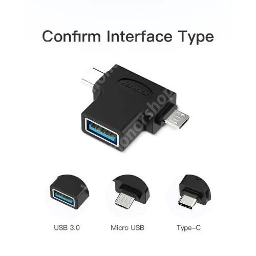Vivo Y31s 5G Multifunkciós 2 az 1-ben adapter USB 3.0 / microUSB és Type-C OTG funkció, USB stick / pendrive csatlakoztatáshoz - FEKETE