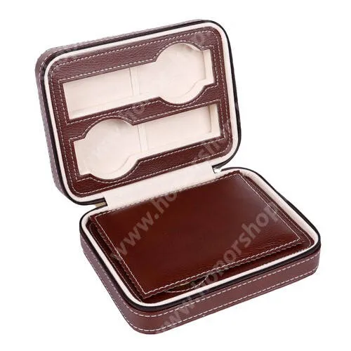 HUAWEI Honor Watch GS Pro UNIVERZÁLIS Óratartó doboz - BARNA - PU bőr, cipzár, egyszerre 4db óra tárolására is alkalmas, méret: 180 x 140 x 60mm