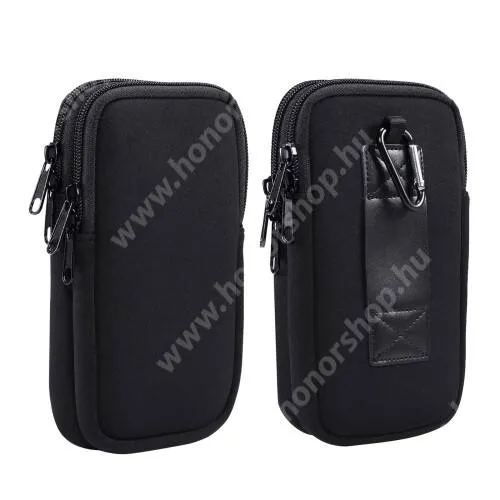  UNIVERZÁLIS tok / táska - FEKETE - neoprén szövet, övre fűzhető, cseppálló, belső hálós zseb, cipzár, nyakba akasztható, két fakkos, karabiner - 170 x 105 x 20mm