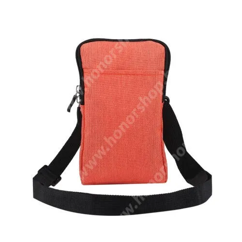 HUAWEI Honor X5b Plus UNIVERZÁLIS tok / válltáska - NARANCSSÁRGA - álló, övre fűzhető, cipzár, vízálló, bankkártyatartó zseb, több fakkos, állítható vállpánt 137cm hosszú - 185 x 110 x 22mm