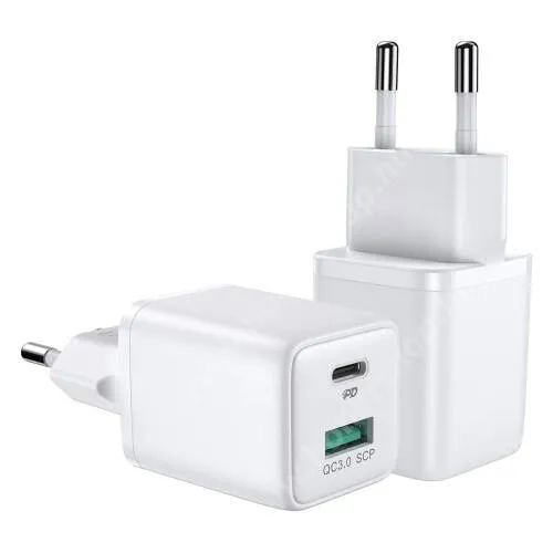 HUAWEI Honor X30 JOYROOM mini hálózati töltő USB / Type C aljzattal - QC 3.0/PD 3.0 gyorstöltés, 30W, USB aljzat: 5V/4.5A; 9V/2A; 12V/1.5A Type-C aljzat 5V/3A; 9V/3A; 12V/2.5A; 15V/2A; 20V/1.5A - FEHÉR - JR-QP303 - GYÁRI