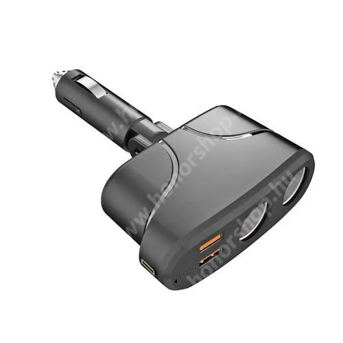 HUAWEI Honor 80 SE (GIA-AN8) Szivargyújtó töltő / autós töltő elosztó - 2x USB port (QC 3.0 5V/3A,9V/2A,12V/1.5A), 1x Type-C aljzat (PD 20W 5V/3A,9V/2.22A,12V/1.5A), 2 extra szivargyújtó aljzat, 12-24V, 100W(max!), PD gyorstöltés támogatás - FEKETE