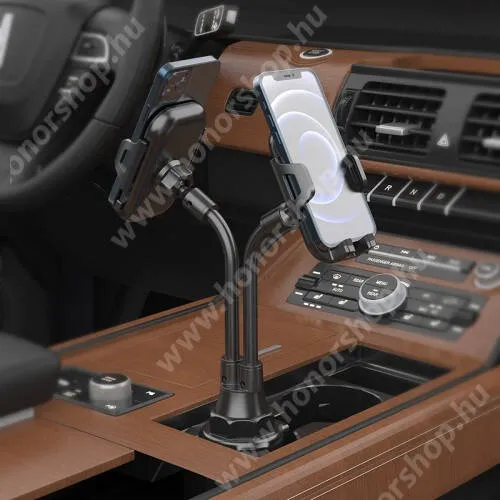 Vivo Y31s 5G UNIVERZÁLIS autós / gépkocsi tartó - pohártartóba rögzíthető, extra dupla flexibilis karos, egyszerre 2 telefonnal is használható, 360°-ban forgatható, 54-95mm-ig nyíló bölcsők - FEKETE