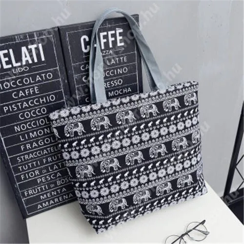 HUAWEI Honor Pad V9 (ROL-W00) UNIVERZÁLIS női vászontáska / válltáska - cipzáros záródás - FEKETE / SZÜRKE - ELEFÁNT MINTÁS - 420 x 320 x 90mm