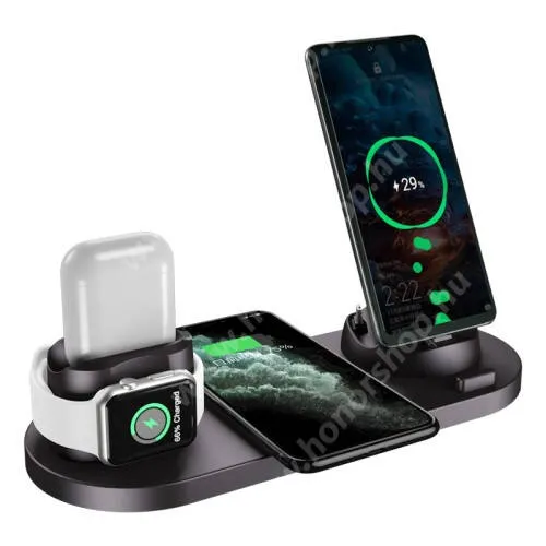 Vivo Y31s 5G WS5 6 az 1-ben Apple Watch, Airpods és iPhone asztali tartó Qi Wireless asztali töltő funkcióval (10W), 1 x Lightning, 1 x microUSB, 1 x Type-C, 2 x USB töltőcsatlakozás - 10W, gyors töltés - FEKETE