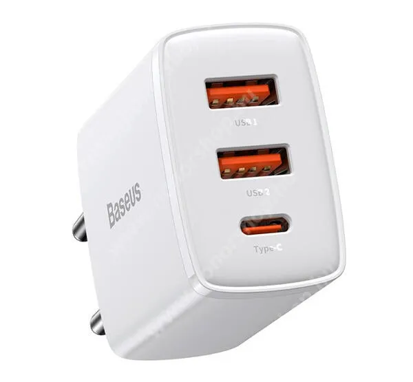 Vivo Y31s 5G BASEUS hálózati töltő - FEHÉR - QC 3.0, PD 3.0, gyorstöltés támogatás, 30W, 2 x USB 5V / 3A, 9V / 2A, 12V / 1,5A Max 1x Type-C aljzat 5V / 3A, 9V / 2.5A, 15V / 2A Max, 20V / 1.5A - CCXJ-B02 - GYÁRI