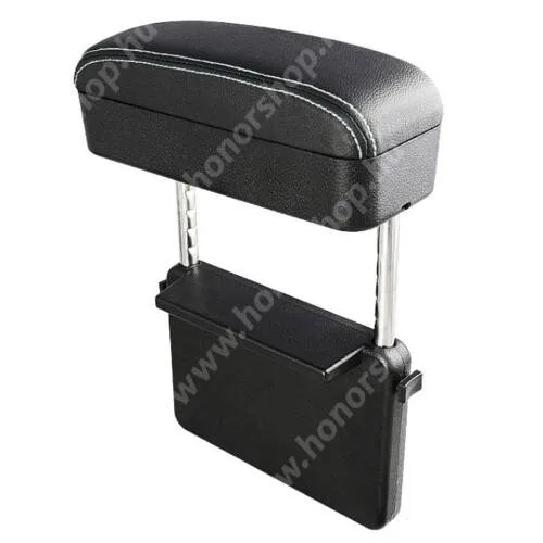 HUAWEI Honor X5b Plus UNIVERZÁLIS autós könyöklő tárolórekesszel beépített QI vezetéknélküli töltővel - PU bőr, 10W, állítható magasságú, kompatibilis a legtöbb autóval, könnyű beszerelés az ülés és a konzol közötti résbe, fogadóegység nélkül! - FEKETE