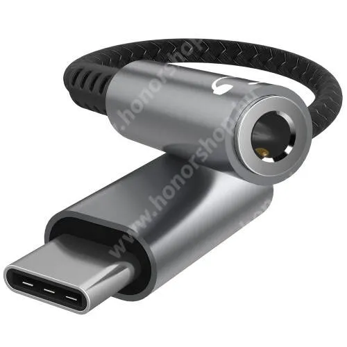 HUAWEI Honor Note 10 Audio adapter kábel - Type-C / 3,5mm Jack, DAC chip, törésgátló, szövettel bevont 130mm-es kábel - SZÜRKE