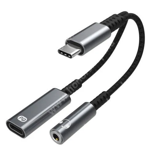 HUAWEI Honor Note 10 Audio adapter - Type-C / 3,5mm Jack + Type-C töltő aljzattal, DAC chip, max 9V/3A, PD30W, PD gyorstöltés támogatás, 12cm hosszú szövettel bevont kábel - SZÜRKE