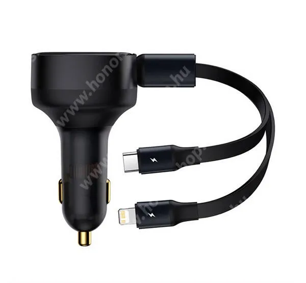 HUAWEI Honor Tablet V7 Pro BASEUS Enjoyment szivargyújtós töltő / autós töltő - FEKETE - 2 az 1-ben töltőkábel, USB aljzat: 5V/3A, 30W, QC, SCP, FCP, PD gyorstöltés támogatás, 75cm-es töltőkábellel Lightning, Type-C / USB csatlakozással - CGTX000001 - GYÁRI