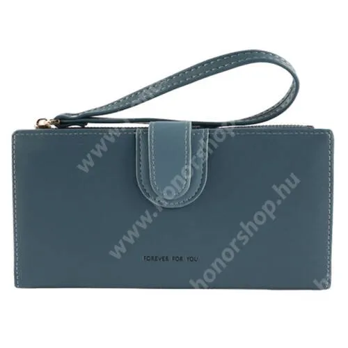 HUAWEI Honor Note 10 FFY UNIVERZÁLIS fekvő / pénztárca tok - PU bőr, csuklópánt, bankkártyatartó zsebek, cseppálló, cipzár, 190 x 95 x 15mm - KÉK
