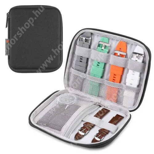 HUAWEI Honor Band 4 Running HAWEEL UNIVERZÁLIS okosóra óraszíj rendszerező táska - FEKETE - Szövet, bársony belső, hordozható, cipzár, hálós zseb, ütődésálló, vízálló - ERŐS VÉDELEM! - 180 x 150 x 23mm