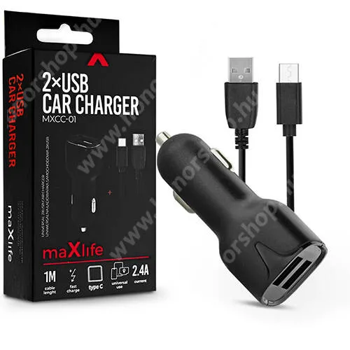 HUAWEI Honor Tablet V7 Pro MAXLIFE szivargyújtós töltő / autós töltő - 2x USB aljzat, 5V / 2.4A, 12W, gyorstöltés támogatás, 1m-es Type-C / USB adatkábellel! - FEKETE