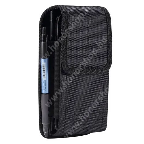 HUAWEI Honor View40 UNIVERZÁLIS álló tok - oxfordi szövet, övre fűzhető, övcsipesz, gumis, tépőzáras záródás, tolltartó, karabiner, dupla fakkos egyszerre 2 készülék tartható benne, 170 x 85 x 30mm - FEKETE