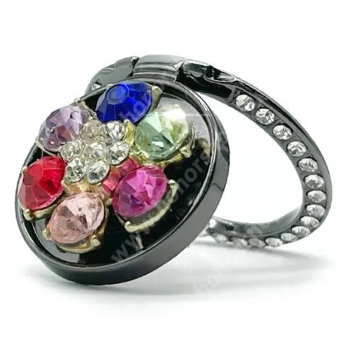 HUAWEI Honor Pad X8a UNIVERZÁLIS fém ujjtámasz, gyűrű tartó - Biztos fogás készülékéhez, kitámasztható, strasszkővel díszített - FEKETE VIRÁG MINTÁS