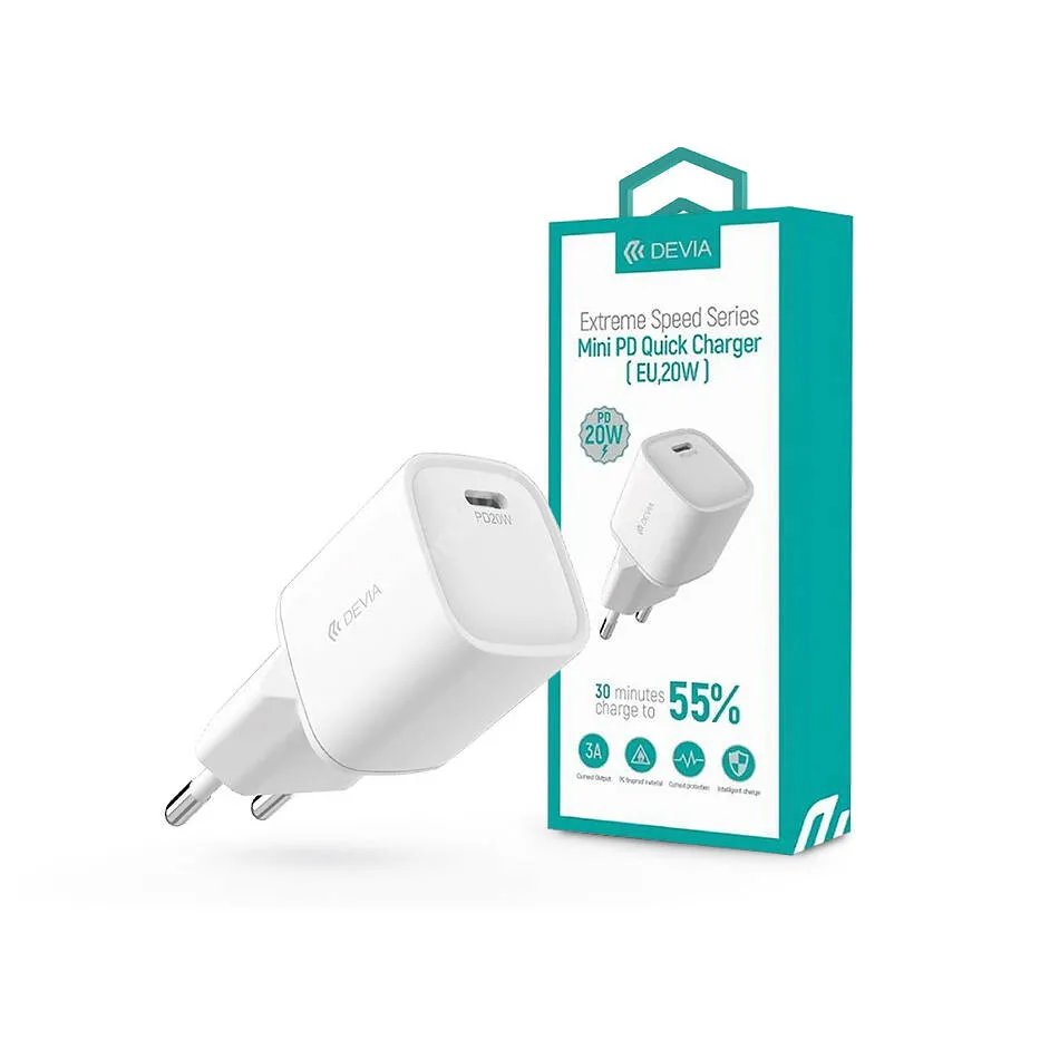 Vivo Y31s 5G DEVIA EXTREME SPEED MINI hálózati töltő - FEHÉR - 1 x Type-C aljzat, 5V/3A, 20W, QC3.0, PD3.0 gyorstöltés támogatás, KÁBEL NÉLKÜL - GYÁRI