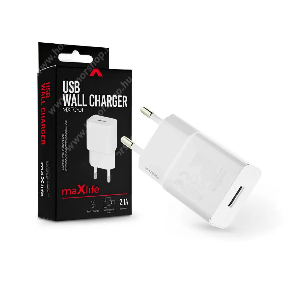  MAXLIFE hálózati töltő - FEHÉR - 1 x USB aljzat, 5V/2,1A, 10W, KÁBEL NÉLKÜL! - MXTC-01
