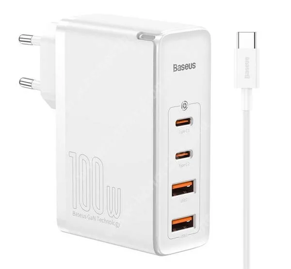 HUAWEI Honor Note 10 BASEUS GaN2 hálózati töltő 2x USB és 2x Type-C aljzattal - QC4.0 és PD gyorstöltés támogatás, 100W + Type-C adatátvitel és töltő kábellel - FEHÉR - CCGAN2P-L02 - GYÁRI