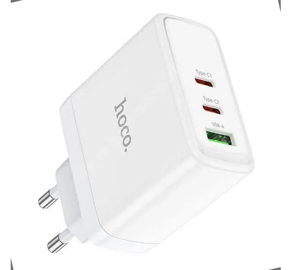 Vivo Y31s 5G HOCO N30 hálózati töltő - FEHÉR - 1x USB + 2x Type-C aljzat, 65W, GaN, QC 3.0, PD gyorstöltés támogatás, KÁBEL NÉLKÜL! - N30 WHITE - GYÁRI