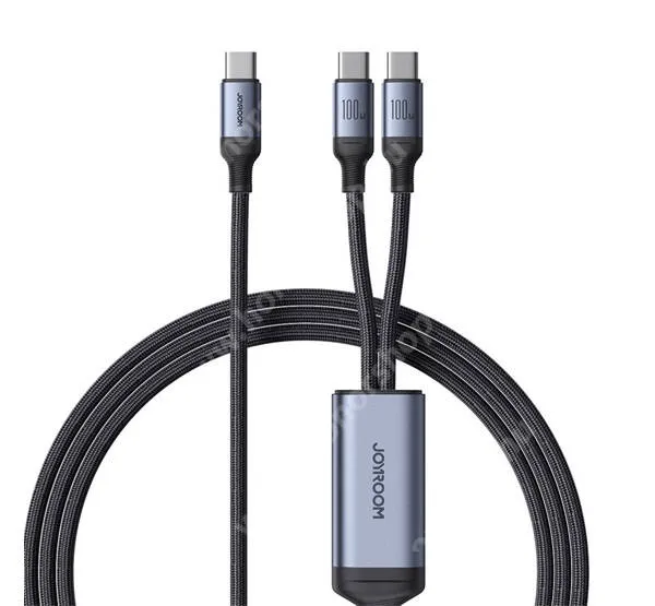  JOYROOM dual adatkábel és töltő kábel - FEKETE - Type-C / 2x Type-C, 100W, 1,5m hosszú szövettel bevont, törésgátló, PD gyorstöltés támogatás - SA21-1T2 C - GYÁRI