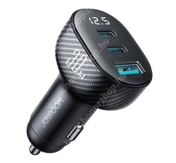  JOYROOM szivargyújtós töltő / autós töltő - 1x USB és 2x Type-C aljzat, 30W, PD gyorstöltés támogatás, karbon minta, LCD kijelző, KÁBEL NÉLKÜL! - FEKETE - JR-CCD04 - GYÁRI