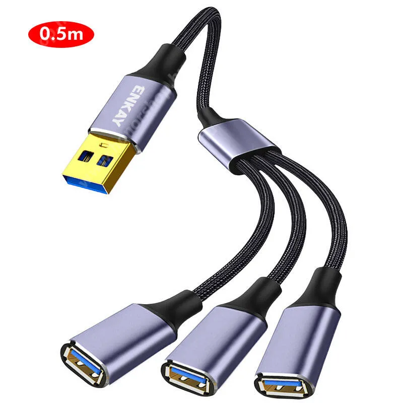 HUAWEI Honor Pad X6 ENKAY 3 portos USB 3.0 hub, Elosztó, Szövettel bevont kábel, Törésgátló, 50cm hosszú, 4 készülék egyidejű töltésére is alkalmas, Szürke