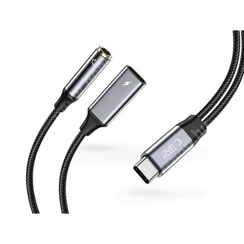  Tech Protect UltraBoost audio adapter, Type-C - 3.5mm Jack + Type-C töltő aljzattal, DAC chip, 60W, 6A, PD gyorstöltés támogatás, Szövettel bevont kábel, Fekete, Szürke