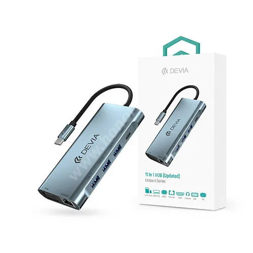 HUAWEI Honor X5b Plus Devia Leopard Type-C HUB 11 az 1-ben elosztó, 1 x Type-C töltő (PD 100W), 1x Type-C adatátvitel, 3x USB3.0, 1x HDMI aljzat (HD 4K), SD/microSD kártyaolvasó, RJ45, AUX, Szürke