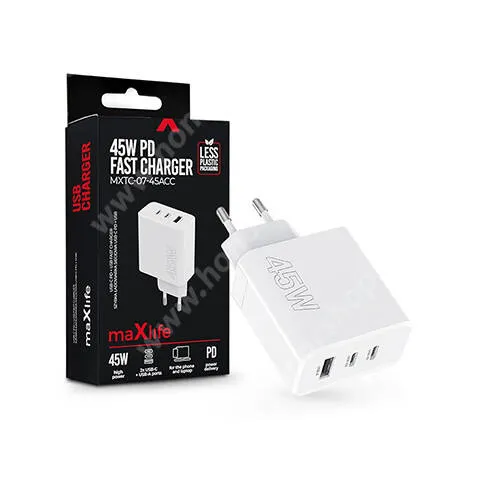 Vivo Y31s 5G MAXLIFE hálózati töltő, 2x Type-C és 1x USB aljzat, 45W, PD, QC3.0 gyorstöltés támogatás, Kábel nélkül, Fehér