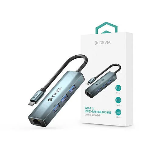 HUAWEI Honor Note 10 Devia Leopard Series 5 V3 Type-C HUB 4 az 1-ben elosztó, 3x USB3.0, 1x Ethernet RJ45 LAN adapter, Szürke