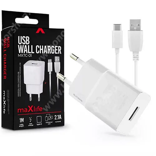 Vivo Y31s 5G Maxlife hálózati töltő 1x USB aljzattal, 5V/2.1A, 10W, 1m-es USB - Type-C adatátviteli és töltő kábellel, Fehér