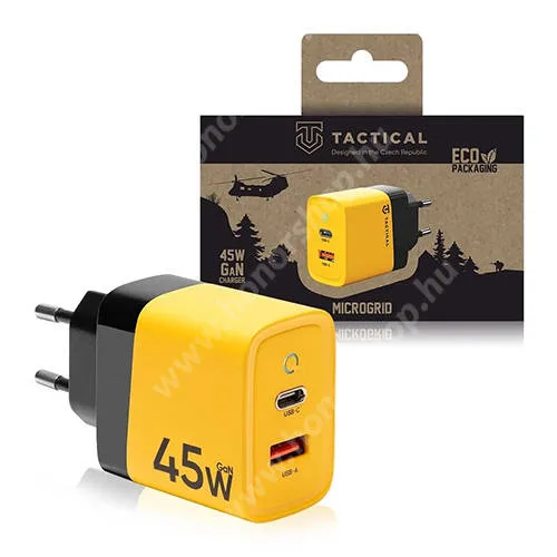  Tactical Microgrid hálózati töltőfej, 1x Type-C és 1x USB aljzat, 45W, GaN, QC, PD gyorstöltés támogatás, Kábel nélkül, Sárga, Fekete